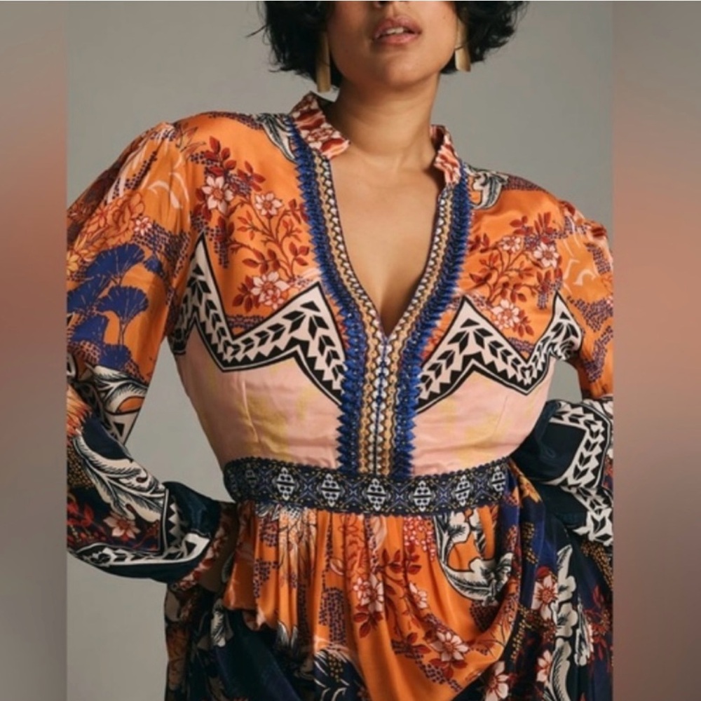 Anthropologie Bhanuni by Jyoti Orange and Blue Floral Maxi Dress